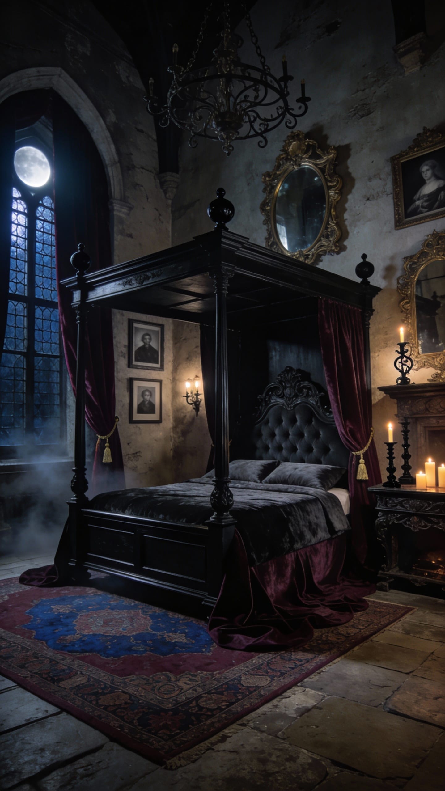 Wrought Iron Ring Chandelier with Candle Bulbs Over a Fantasy Bedroom