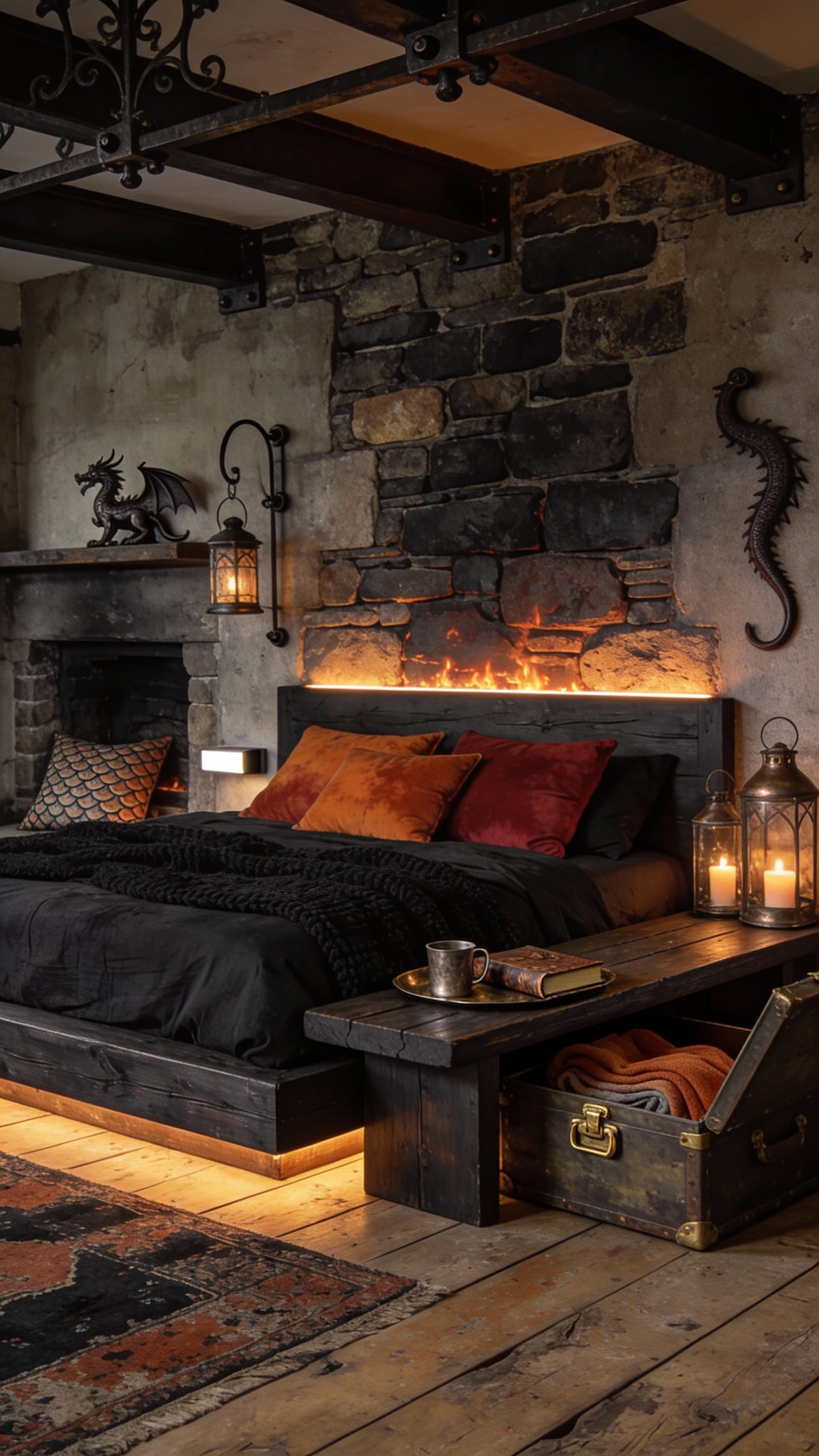 Rough-Hewn Stone Accent Wall with Warm Uplighting Behind King Bed