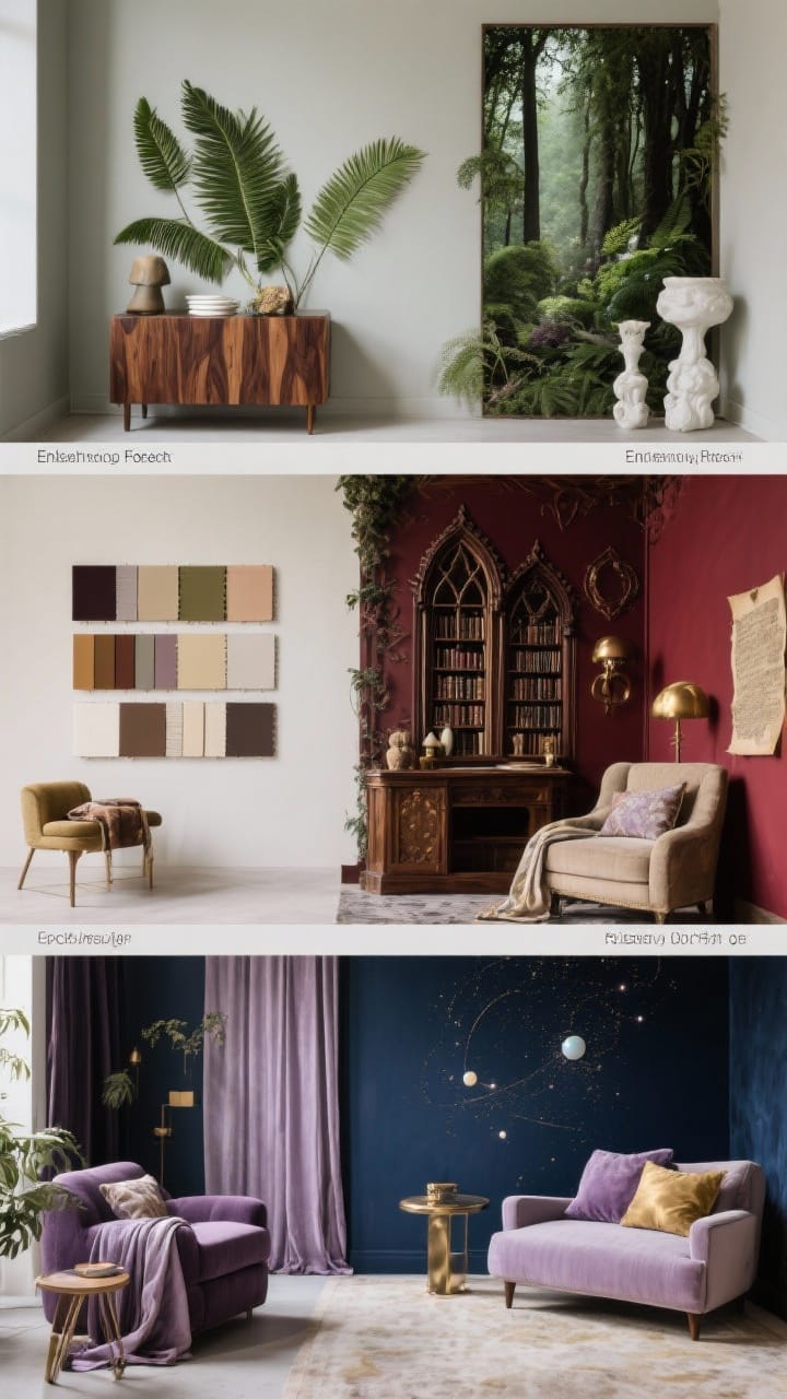 Antique Wood Furniture and Carved Vintage Sideboard in a Fairytale Room