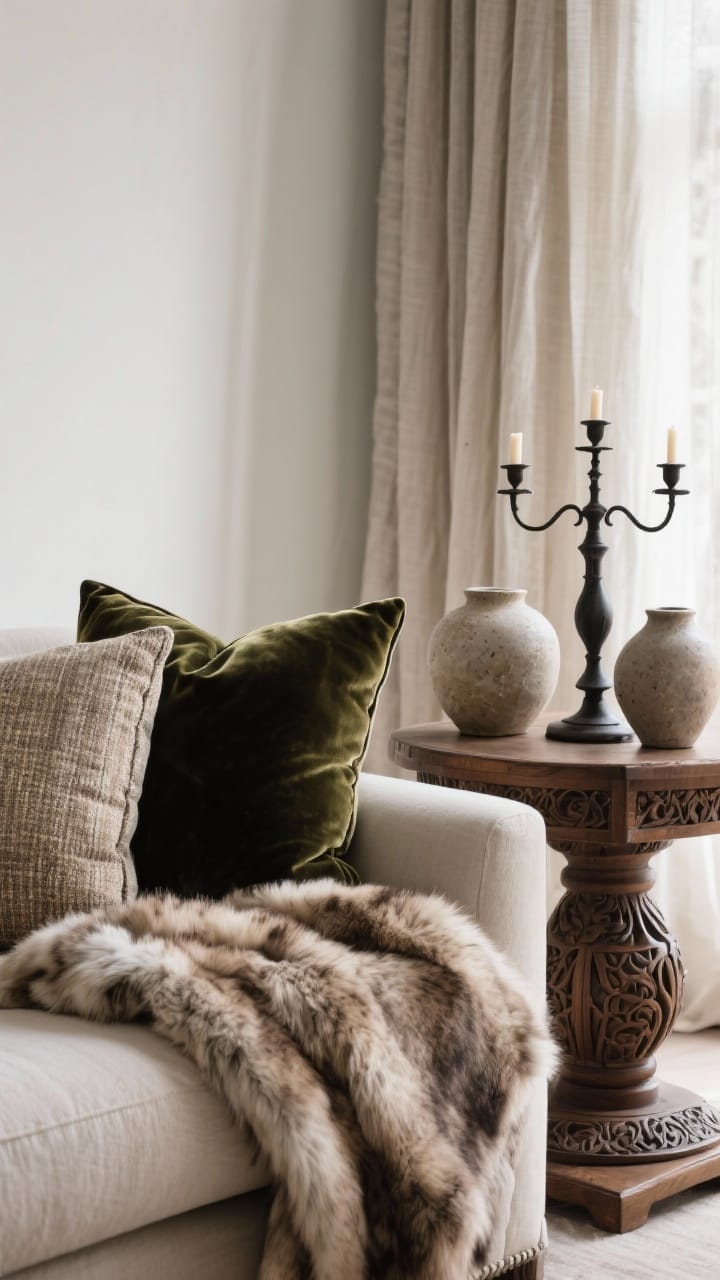 Intricate Botanical Wallpaper on Accent Wall with Vintage Wood Bedframe