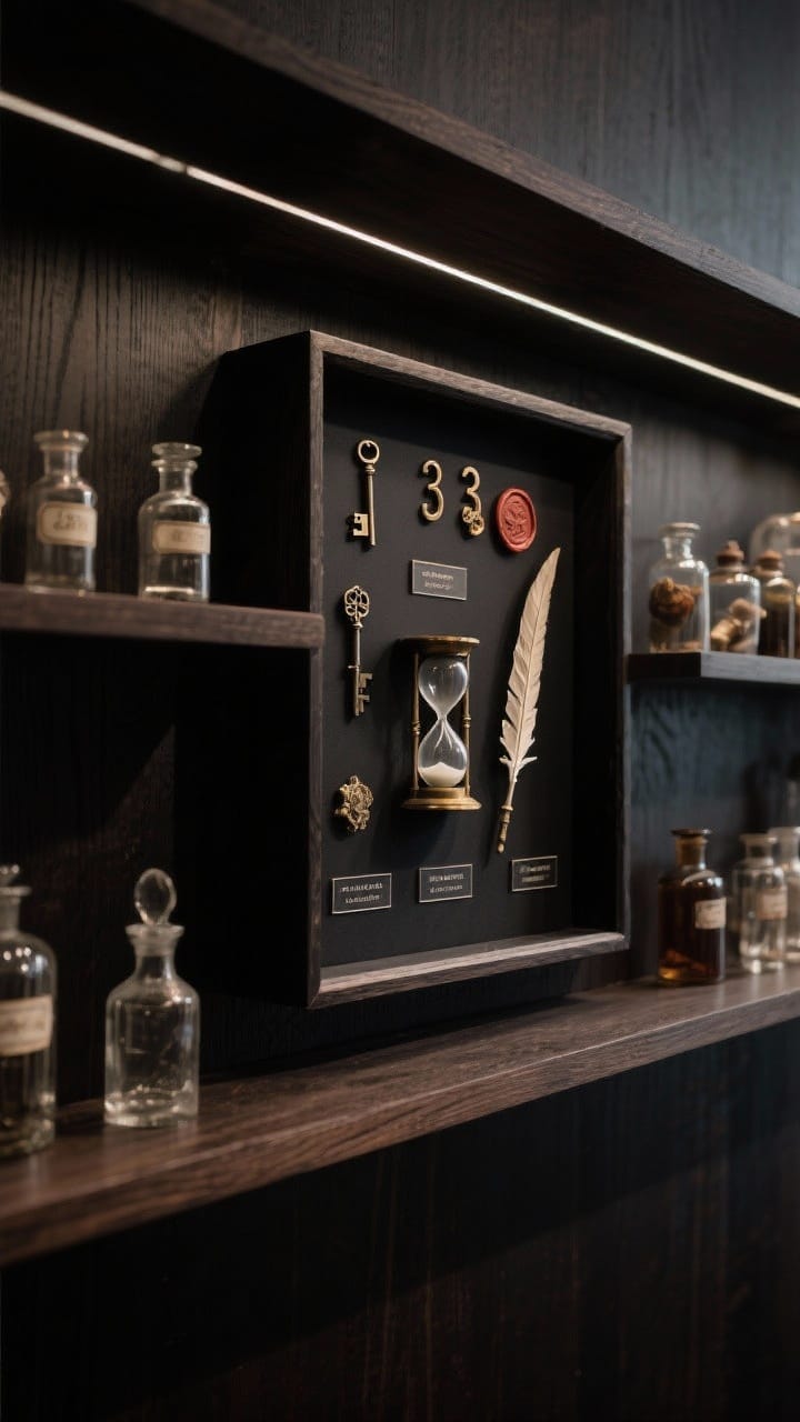 Rich Wooden Bookshelf Styled with Antique Leather Books and Curiosities