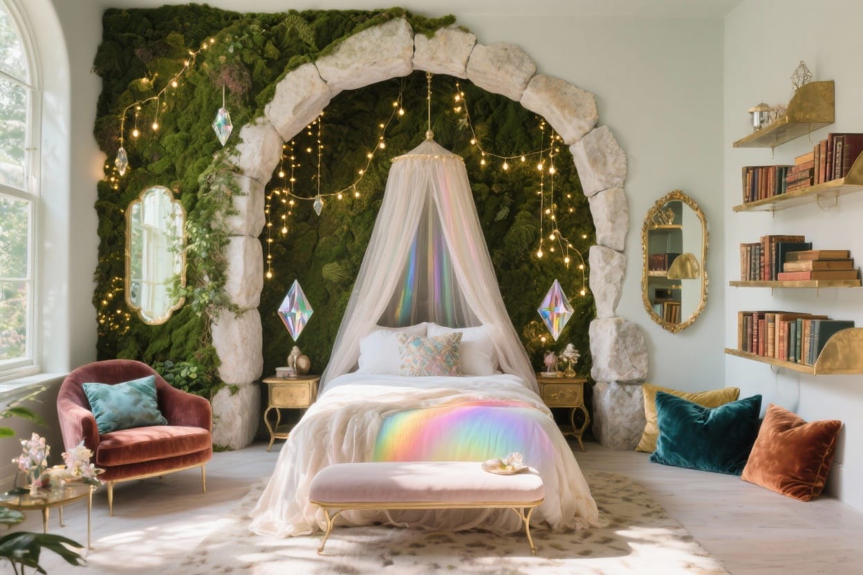 Storybook Cozy Fantasy Bedroom with Warm Ambient Lighting and Fairytale Textures