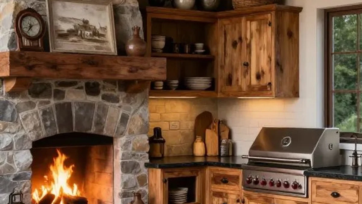 Rustic fieldstone grill surround and outdoor fireplace paired with knotty wood farmhouse cabinets
