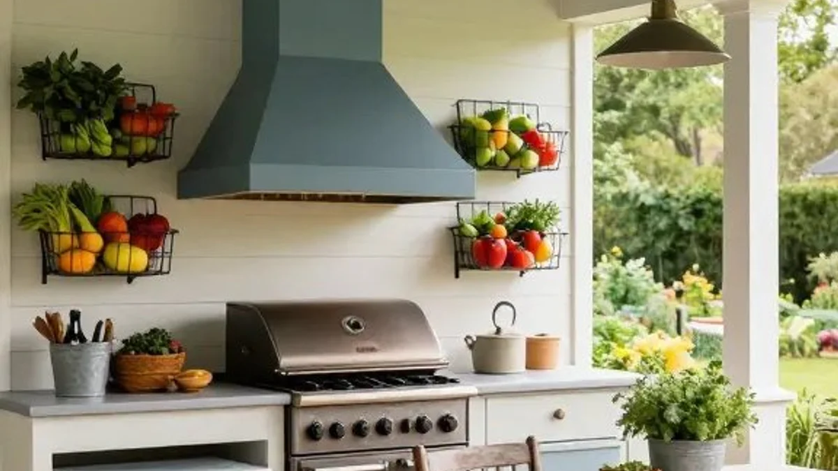 Wall-mounted wire harvest baskets filled with fresh garden produce flanking a farmhouse outdoor range hood