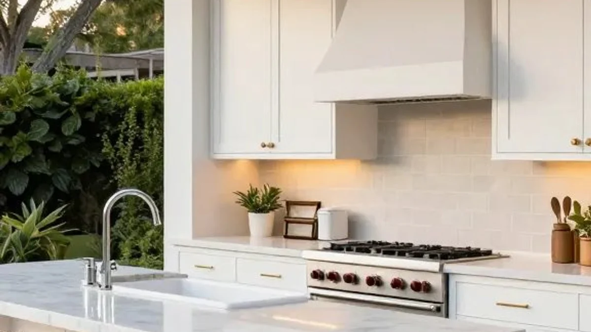 Warm evening ambient lighting and under-cabinet glow in a cozy farmhouse outdoor kitchen