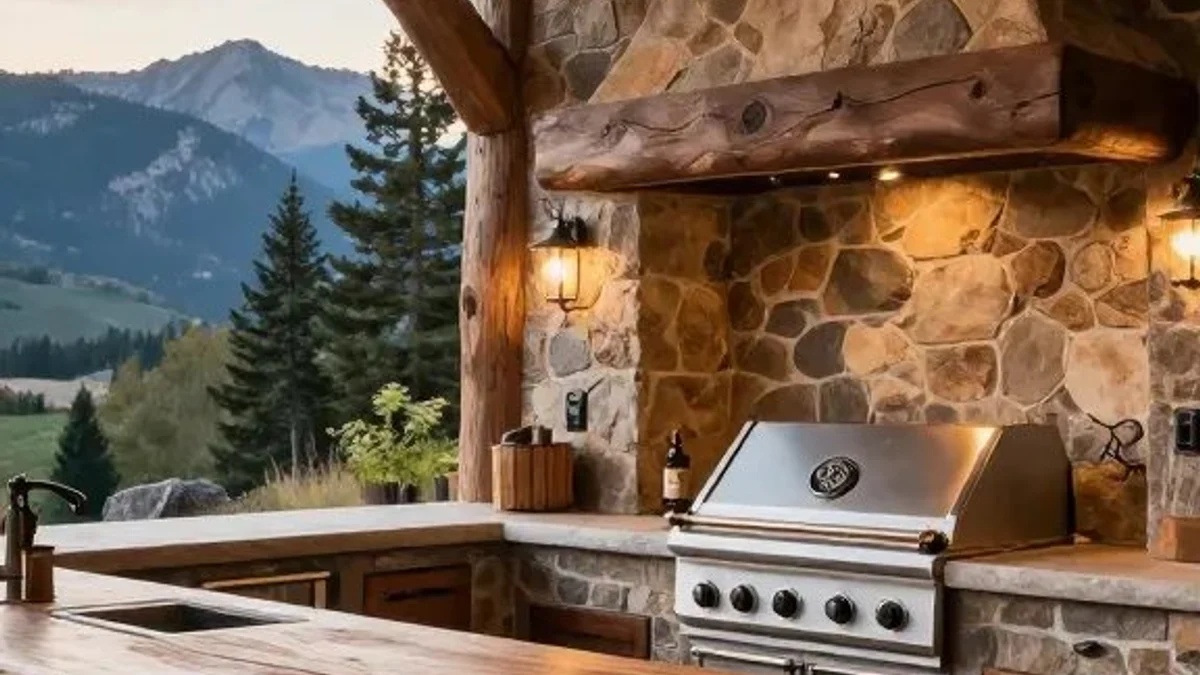 Warm wood countertops paired with a natural stone base in a mountain farmhouse outdoor kitchen