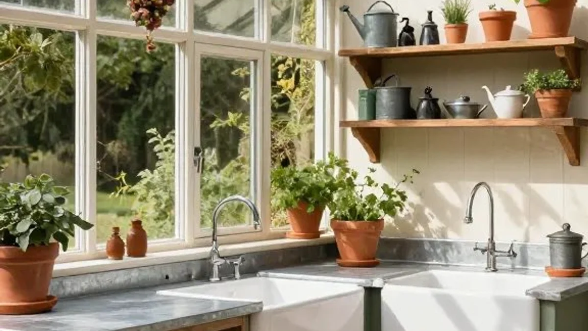 White fireclay farmhouse apron-front sink in a sunlit outdoor garden prep kitchen