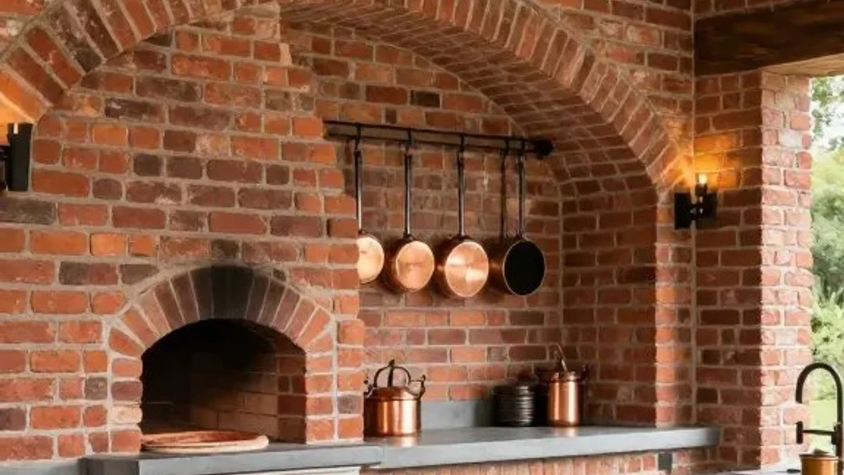 Arched red brick wood-fired pizza oven focal point with hanging copper pots in a farmhouse outdoor kitchen