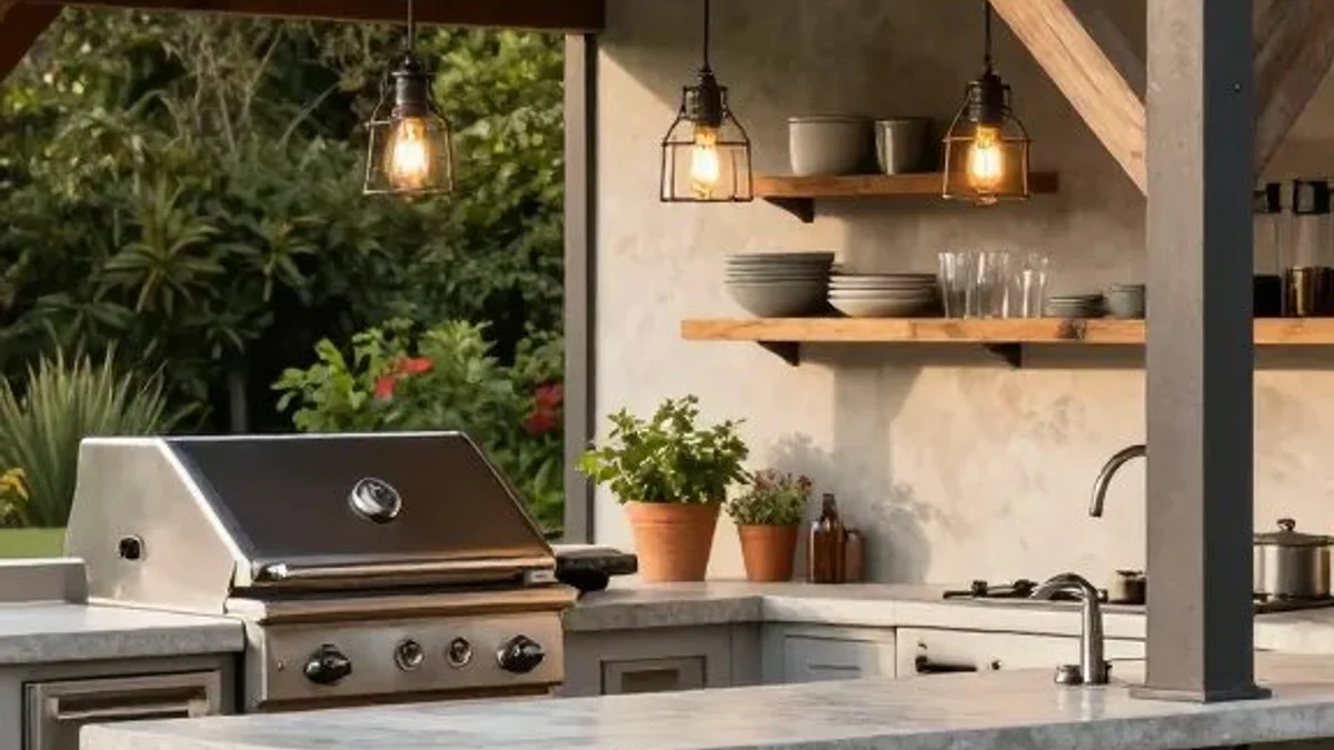Three wrought iron cage pendant lights glowing with warm Edison bulbs over a farmhouse outdoor kitchen