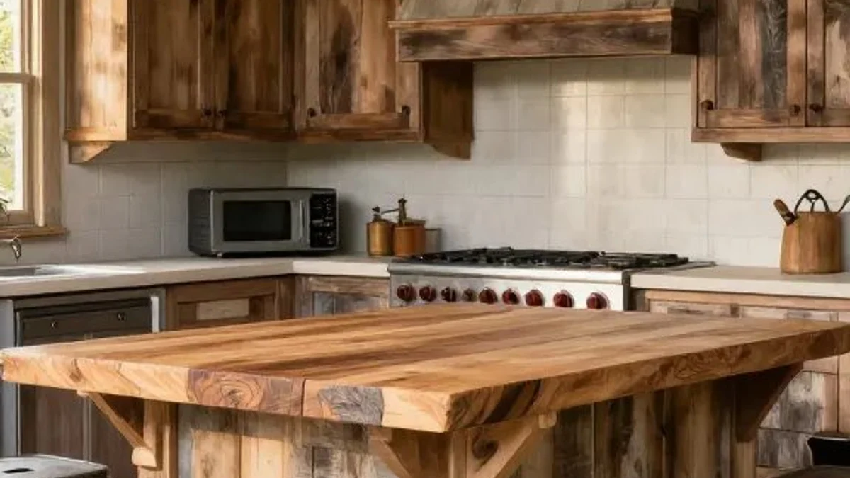 Thick reclaimed barn-wood island table at the center of a rustic farmhouse kitchen