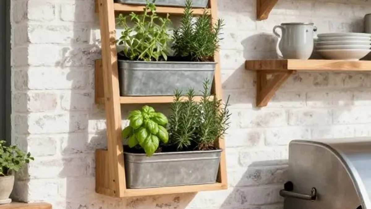 Tiered galvanized metal herb planter tubs mounted on a whitewashed brick outdoor kitchen wall