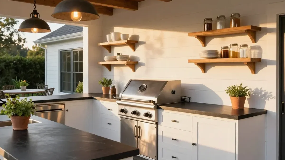 12 Farmhouse Outdoor Kitchen Ideas showing white shiplap walls, exposed timber rafters, iron barn pendants, soapstone counters, and open oak shelving