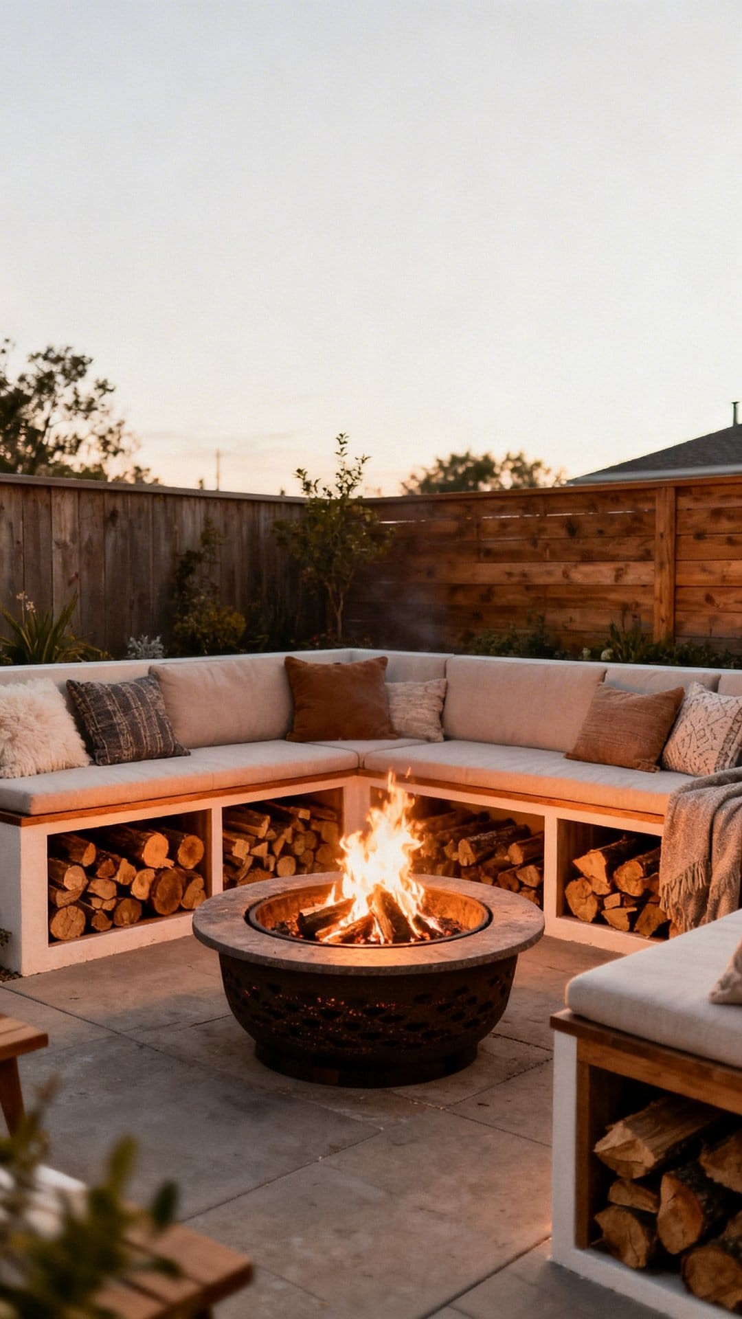 A Brick Fire Pit Built into a Patio Design