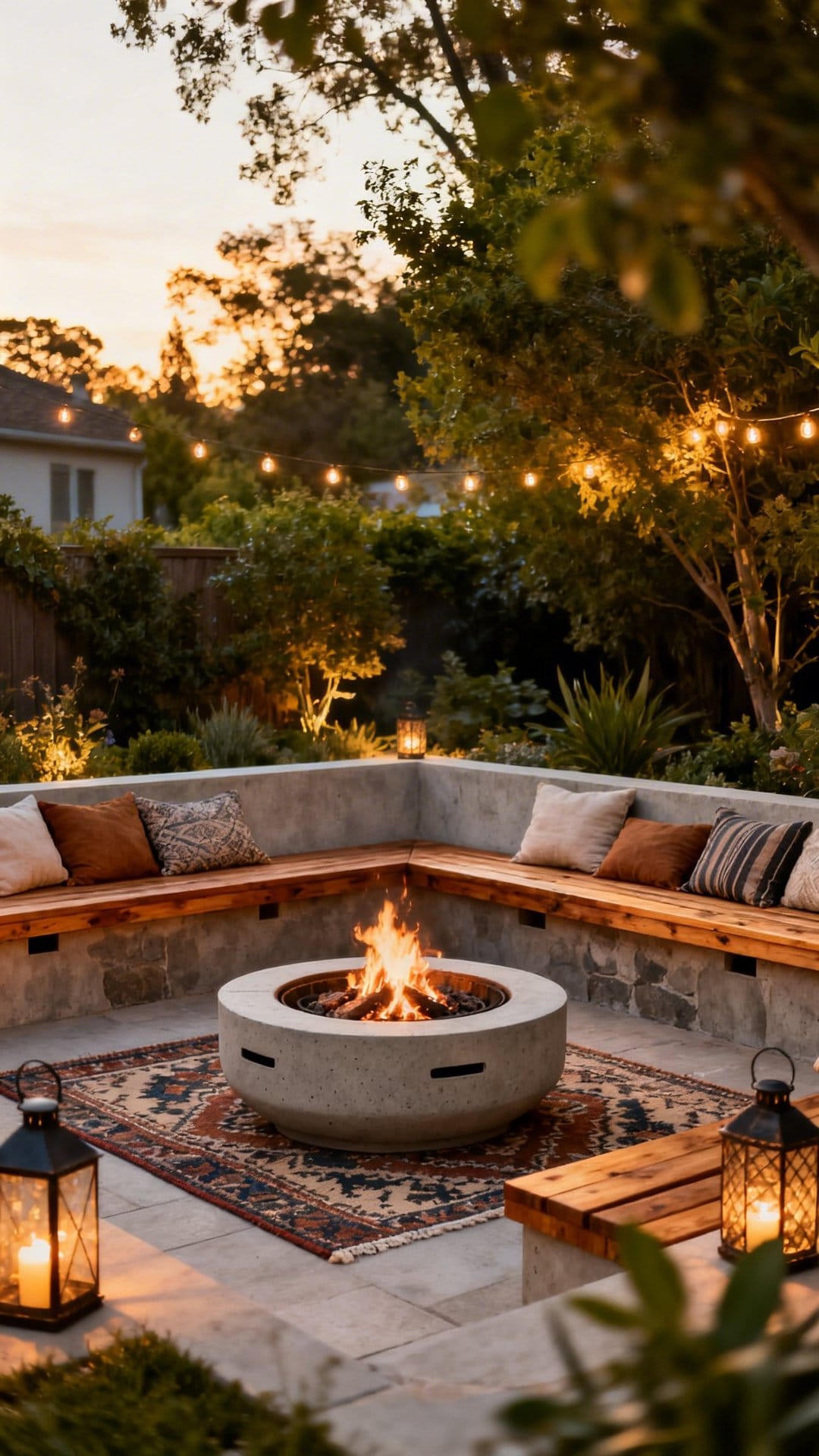 A Fire Pit Paired with Outdoor Rugs and Floor Cushions