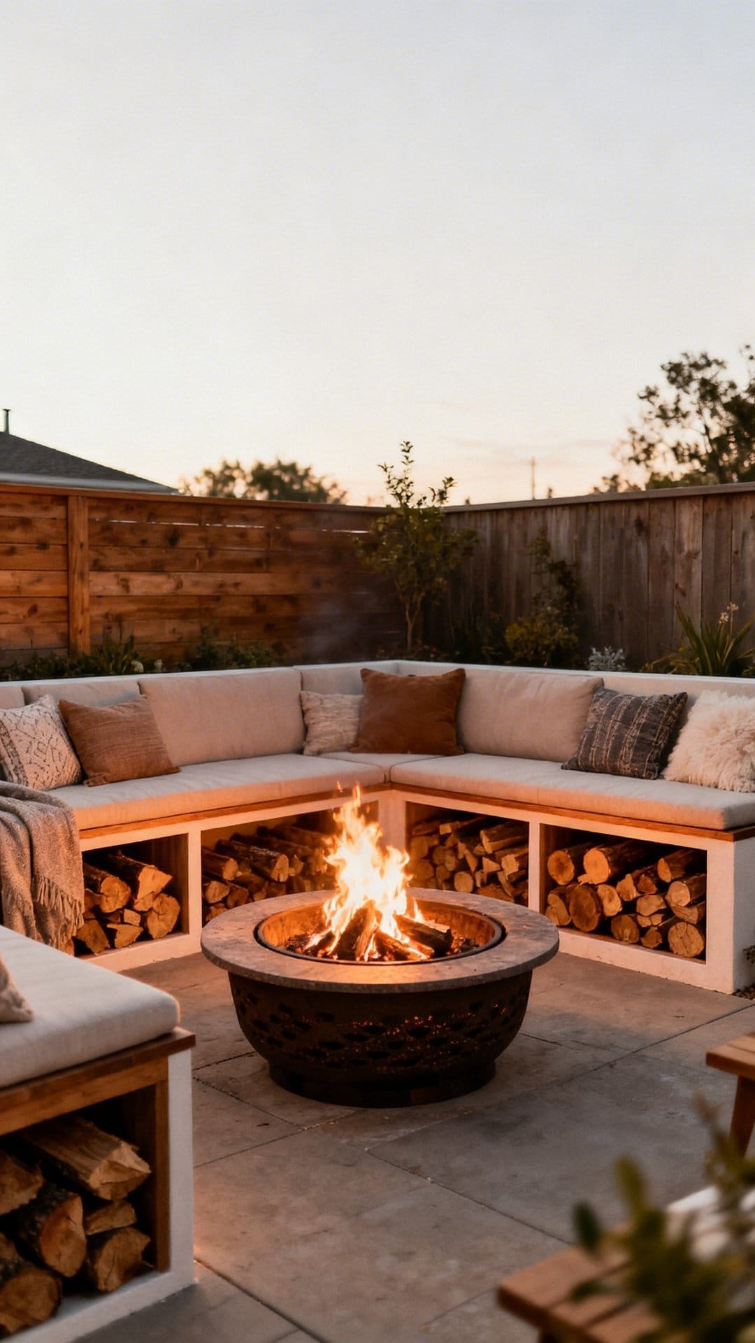 A Fire Pit Surrounded by String Lights for Ambiance