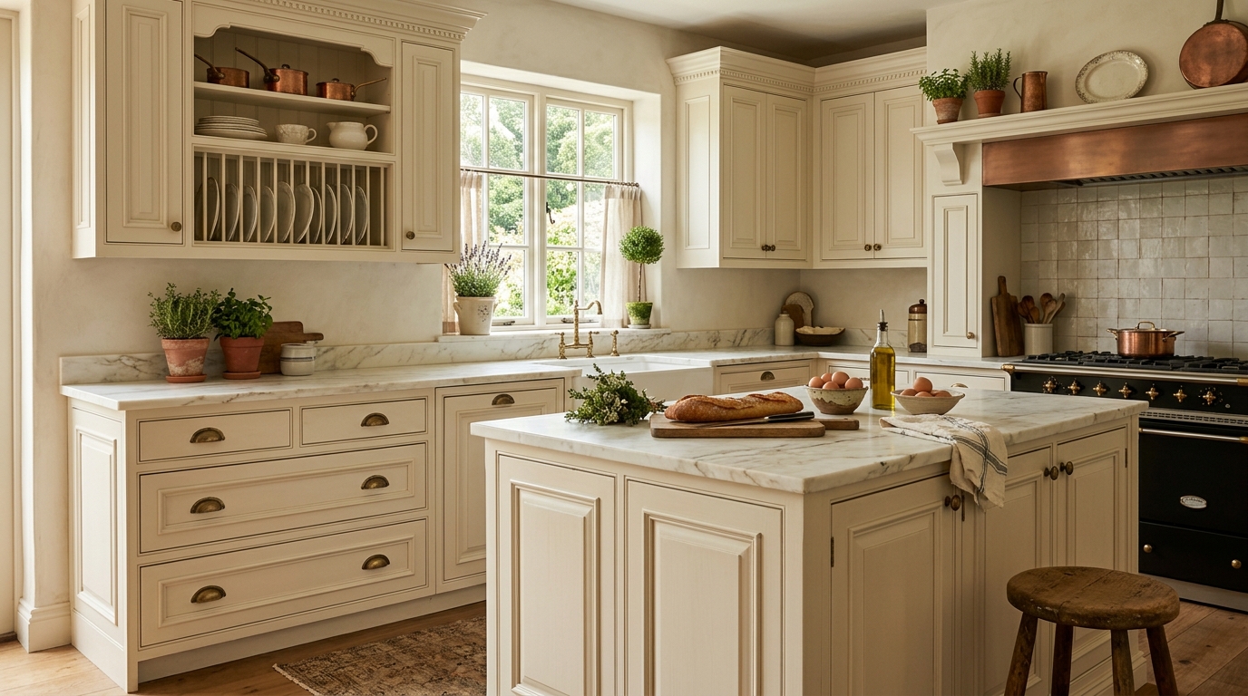 1. Warm, Creamy White Cabinetry with Raised-Panel Detailing