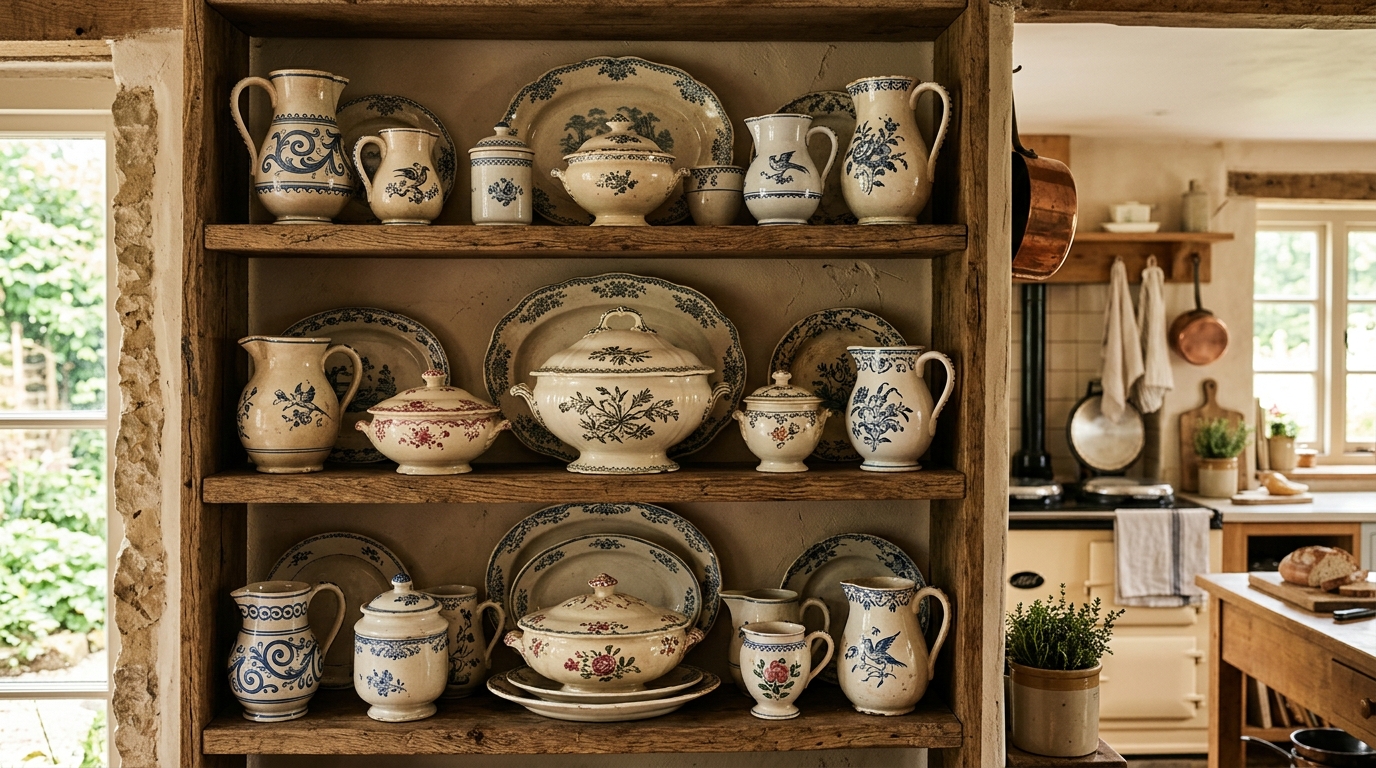 10. Provincial Blue and White Pottery on Open Shelving