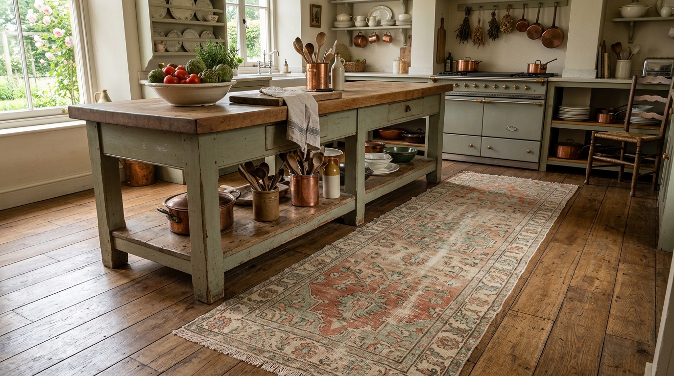 12. Layered Vintage Rugs in Soft Muted Patterns