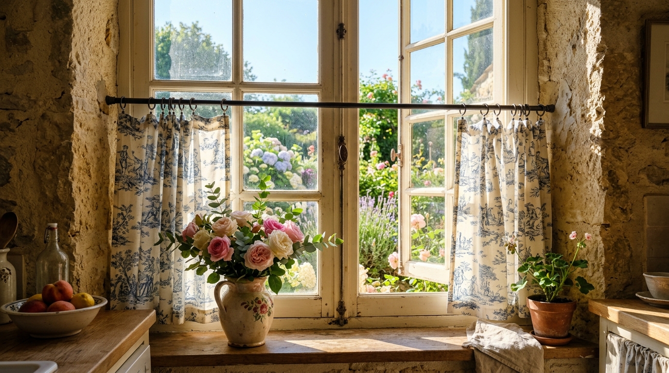 2. Toile de Jouy Patterned Curtains or Upholstery