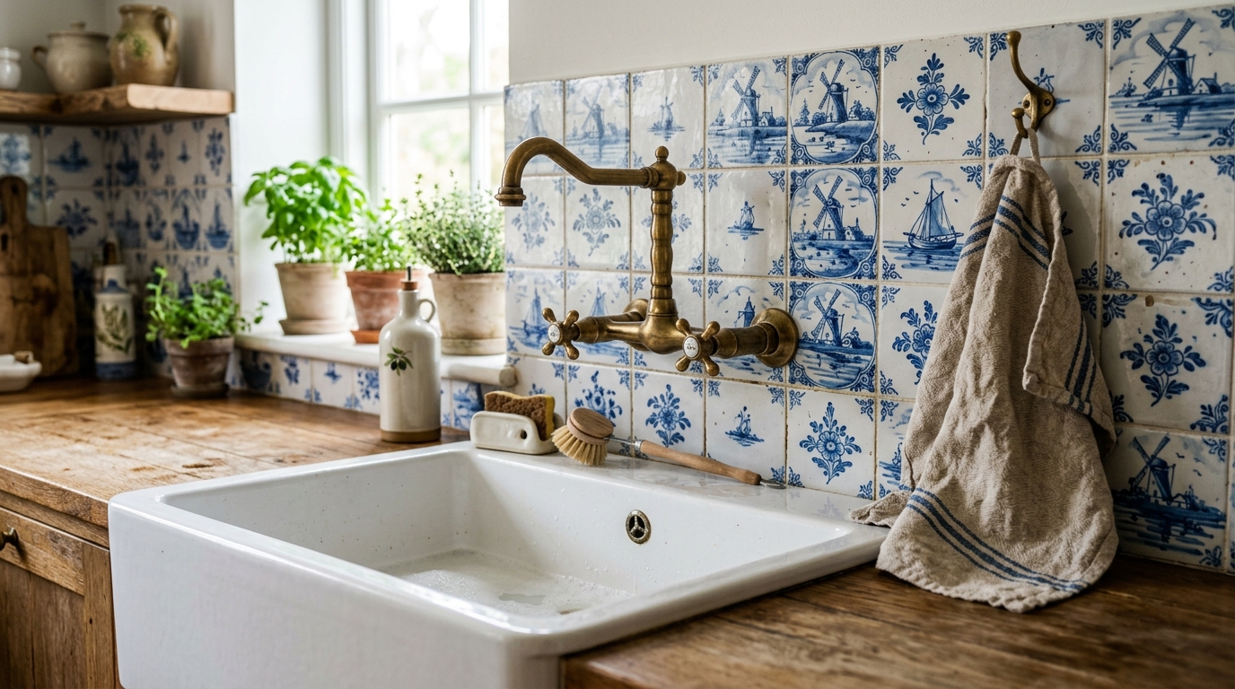 4. A Farmhouse Sink Framed with Decorative Tile