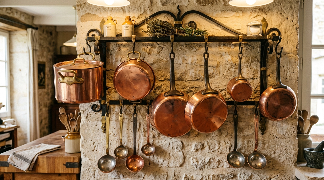 8. Copper Pots and Pans Displayed as Functional Wall Decor