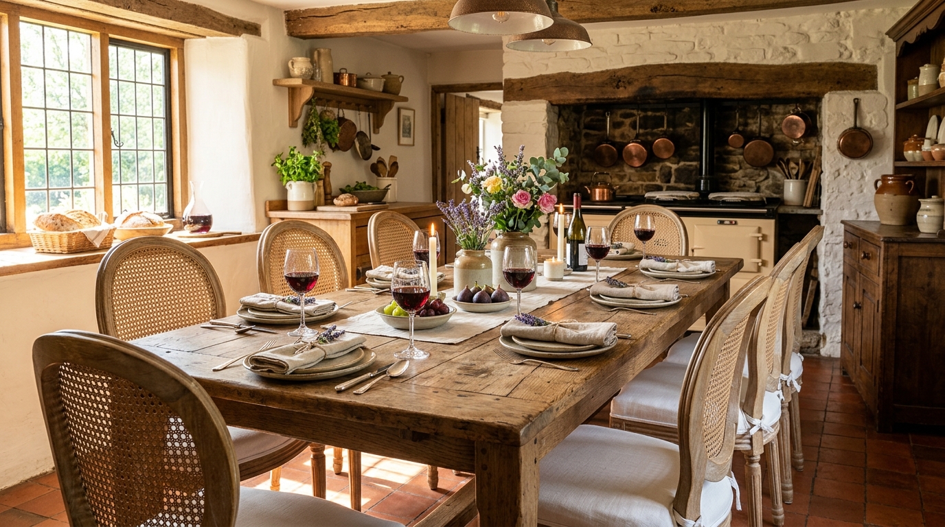 9. A Rustic Wood Dining Table with Elegant Curved Bistro Chairs