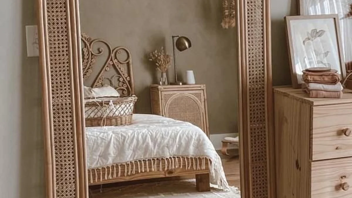 Woven Rattan and Cane-Framed Full-Length Mirror in boho bedroom