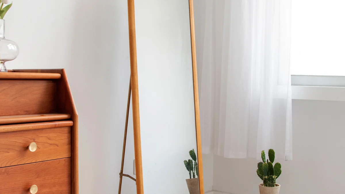 Classic Solid Wood-Framed Leaning Mirror in warm oak finish