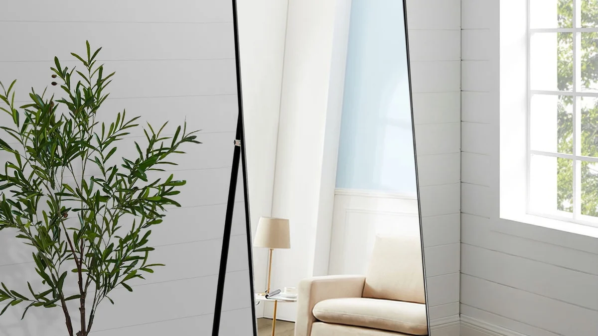 Sleek Matte Black Metal-Framed Full-Length Mirror with Stand