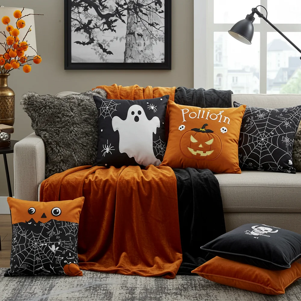 Deep plum and charcoal textured throw blankets draped over a cozy living room sofa for an elegant Halloween aesthetic