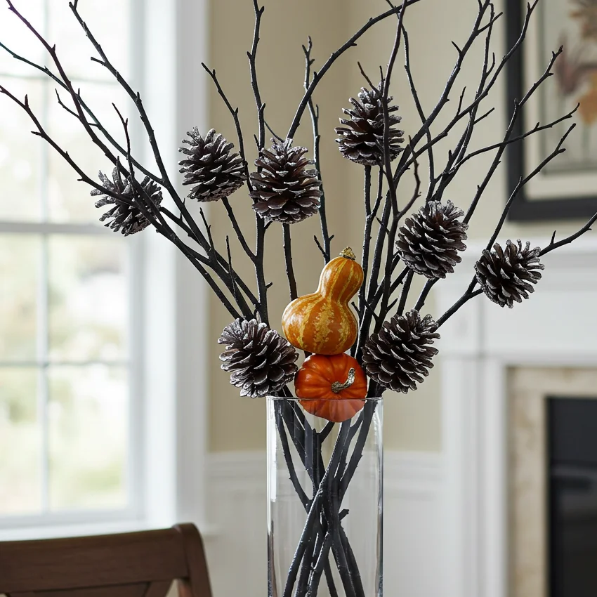Tall matte black vase filled with vibrant golden and orange autumn branches creating dramatic height in a living room