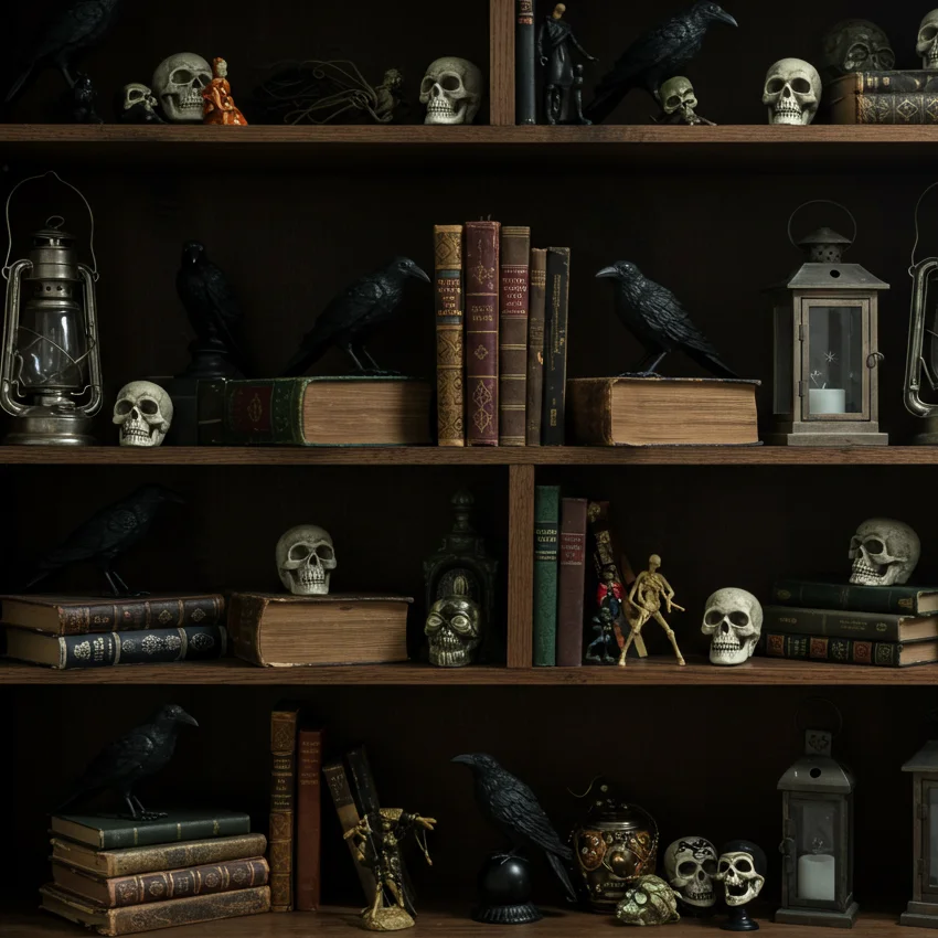 Tasteful decorative raven figurine perched beside vintage books and warm ceramics on an elegant living room bookshelf