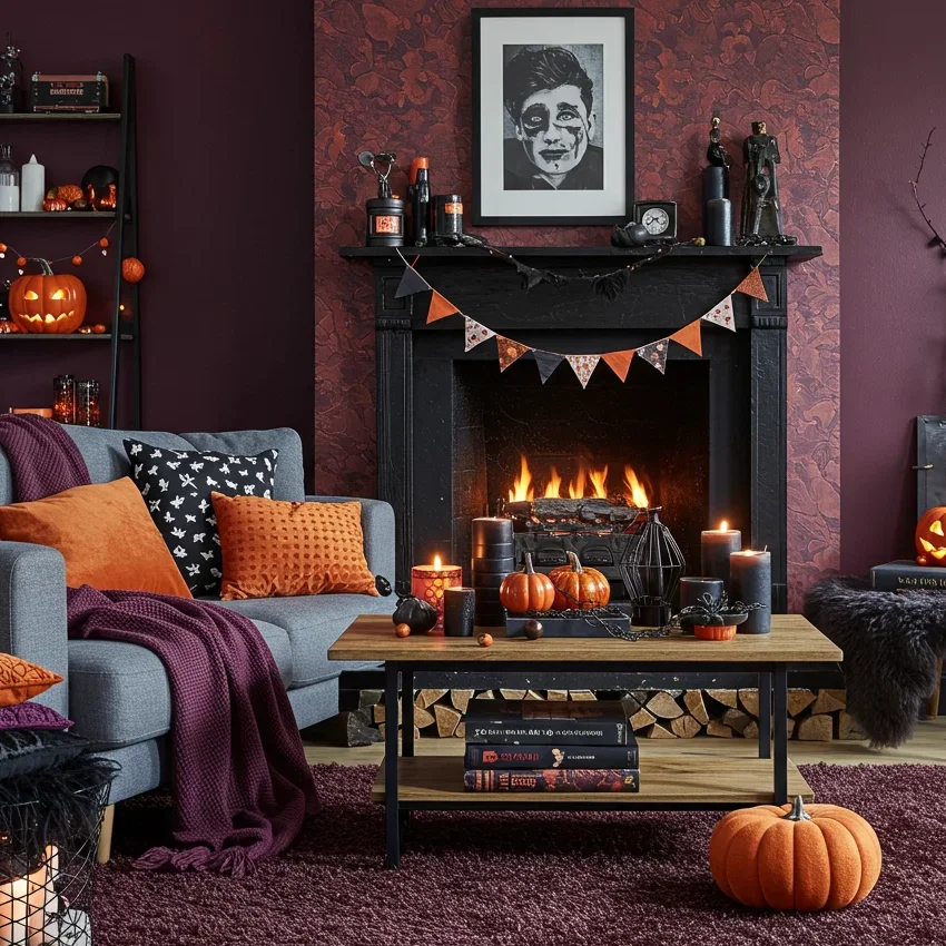 Plush sofa adorned with color-blocked throw pillows in rich black, deep emerald, and burnt amber velvet textures
