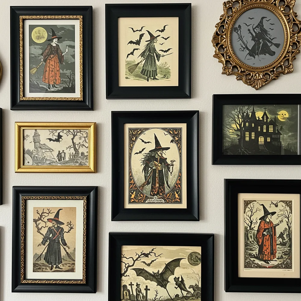 Salon-style gallery wall featuring vintage dark landscape paintings and anatomical prints in antique ornate gilded frames
