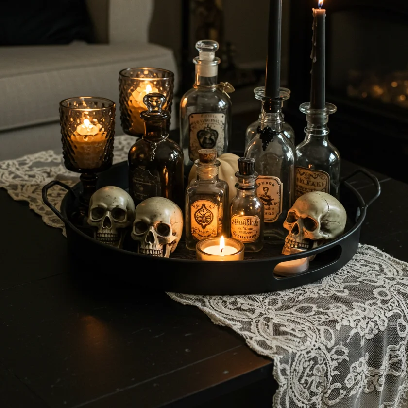 Hand-carved rustic wooden bowl brimming with mini white pumpkins, green gourds, and pinecones on a living room table