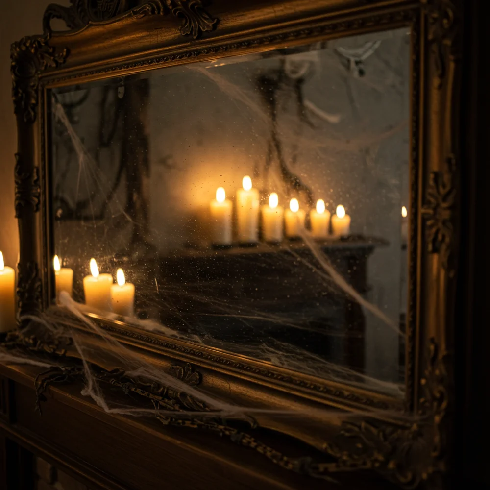 Slender black taper candles in antique brass and gold holders glowing warmly against a moody living room backdrop