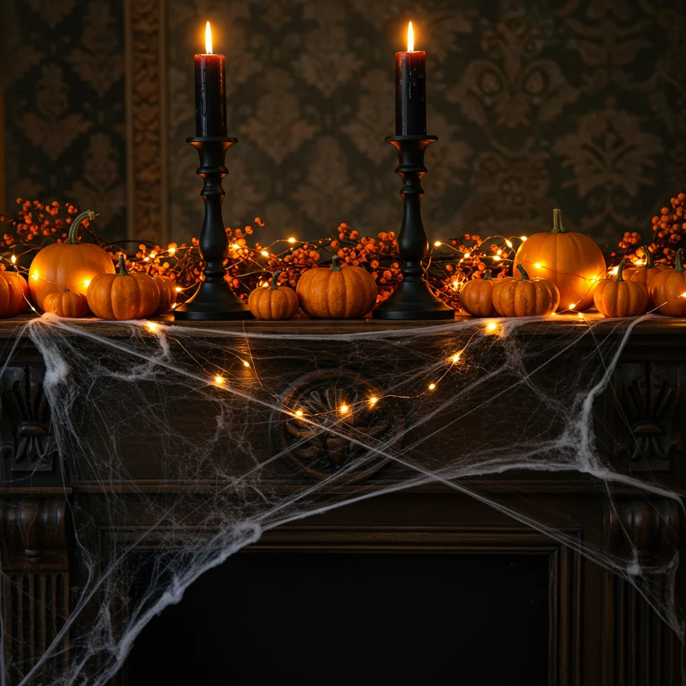 Dramatic fireplace mantel styled with cascading dark eucalyptus garland, glowing fairy lights, and matte black pumpkins
