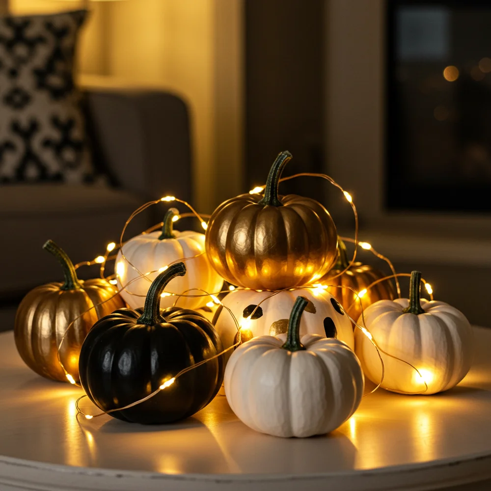 Layered matte black and creamy white decorative pumpkins nestled beside cozy woven textiles in an autumn living room
