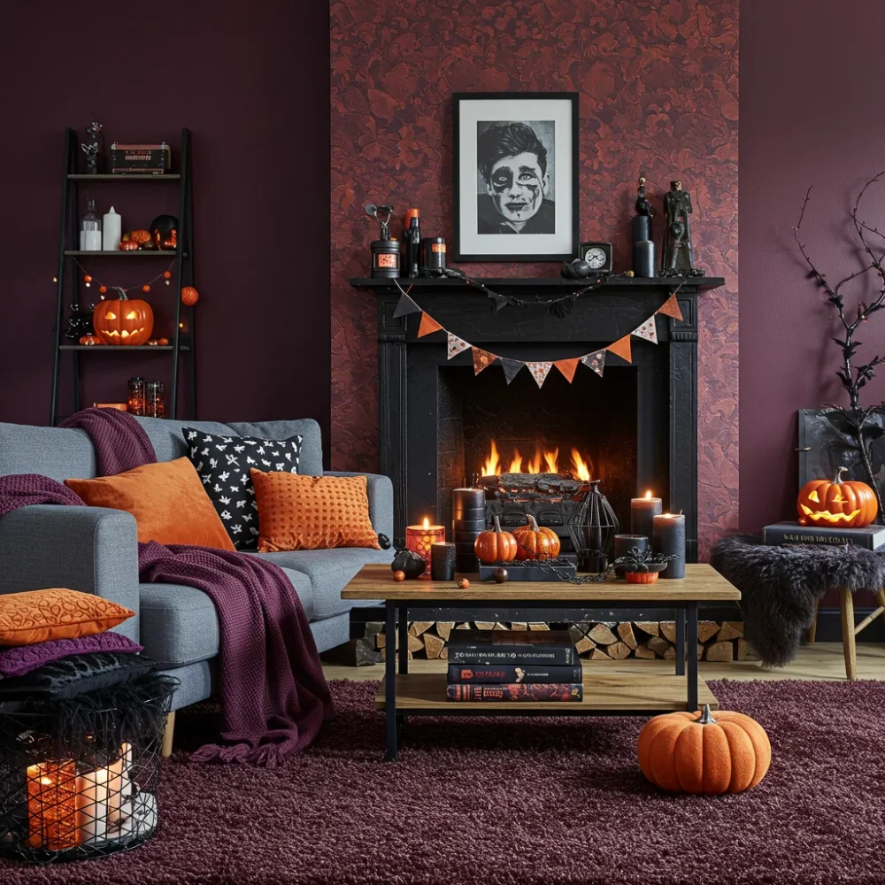 Dramatic matte dark charcoal living room accent wall styled with warm natural wood furniture and cozy ambient lighting