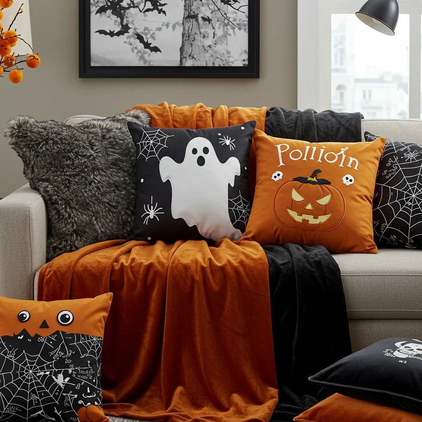 Cozy sofa styled with alternating black velvet and cream boucle throw pillows for a sophisticated Halloween look