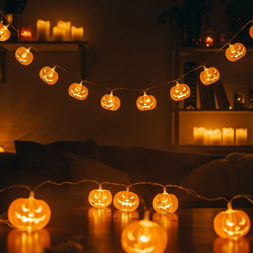 Warm amber table lamp casting a golden glow over sleek black ceramic pumpkins on an oak living room side table