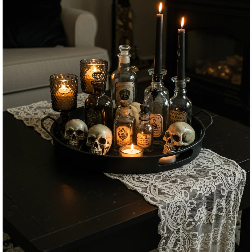 Stylishly curated coffee table tray displaying pillar candles, dried autumn leaves, and dark accents in a warm living room
