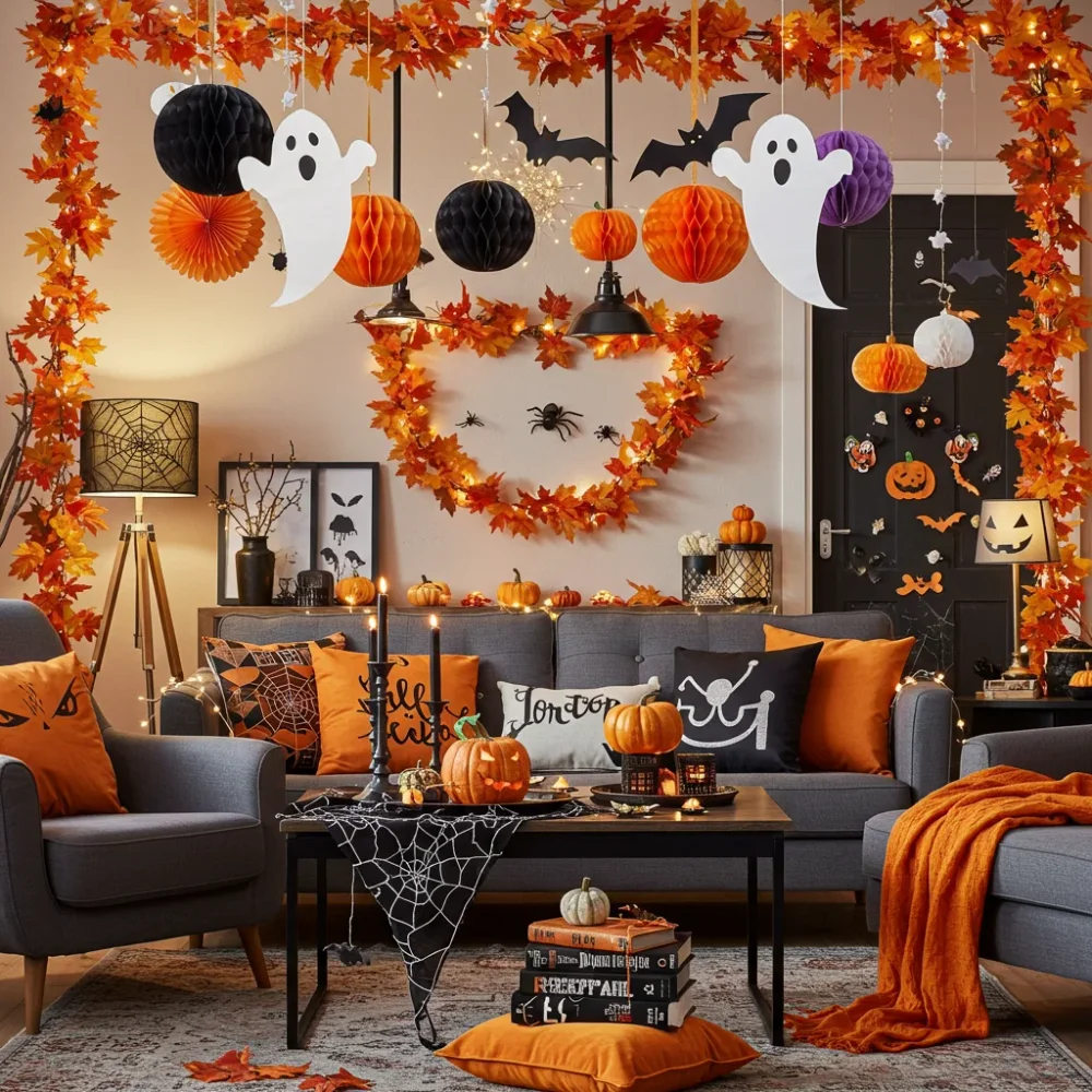 Atmospheric spooky yet cozy living room styled for Halloween with dark velvet cushions, warm candlelight, pumpkins, and rich textiles