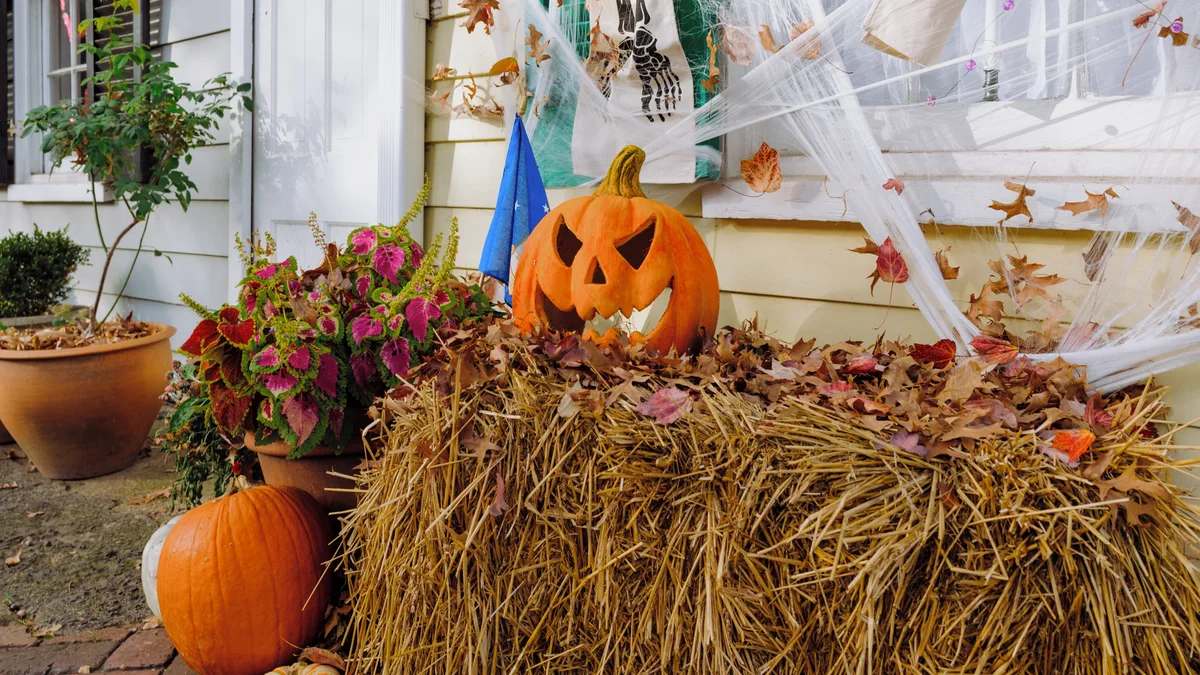 Rustic hay bale porch display layered with a carved jack-o'-lantern, potted deep pink coleus, and fallen autumn leaves