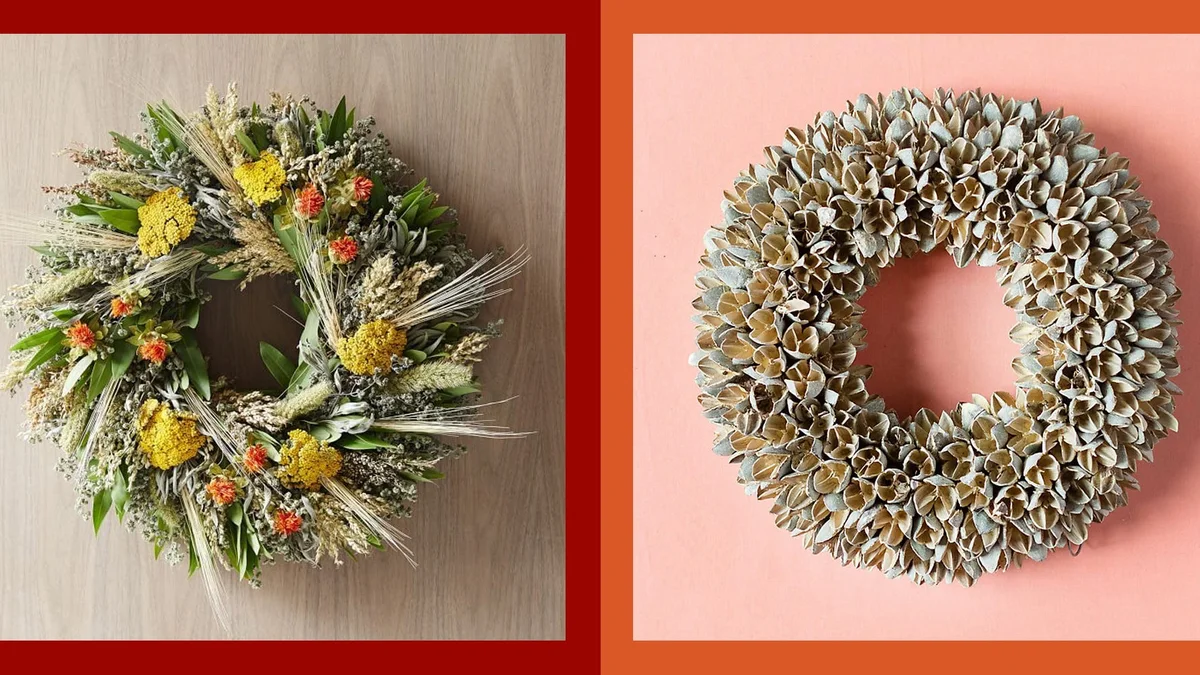 Handcrafted autumnal front door wreath composed of dried wheat, yarrow, dusty sage leaves, and subtle spooky botanical textures