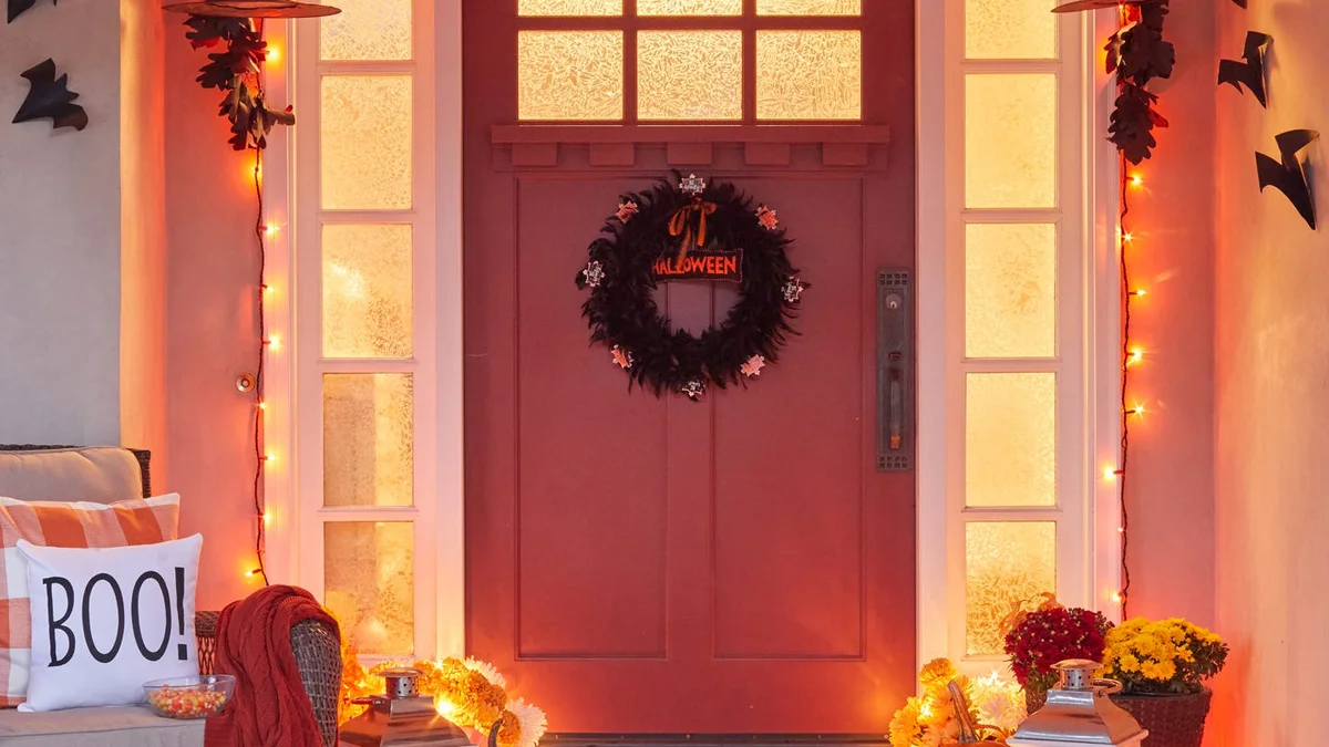 Front entryway glowing with elegant black and brass lanterns, warm candle glow, striped runner rug, and autumn florals