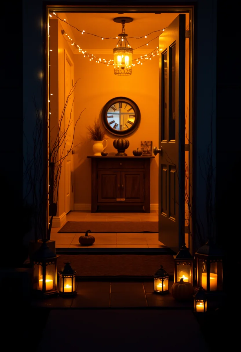 Illuminated Black Metal Lanterns Lining a Stone Front Walkway with Pumpkins and Amber Candlelight
