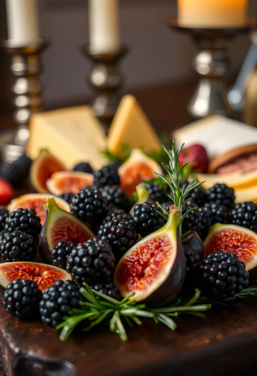 Gothic Halloween Charcuterie Board on Dark Slate with Artisanal Cheeses, Blackberries, and Fig Slices