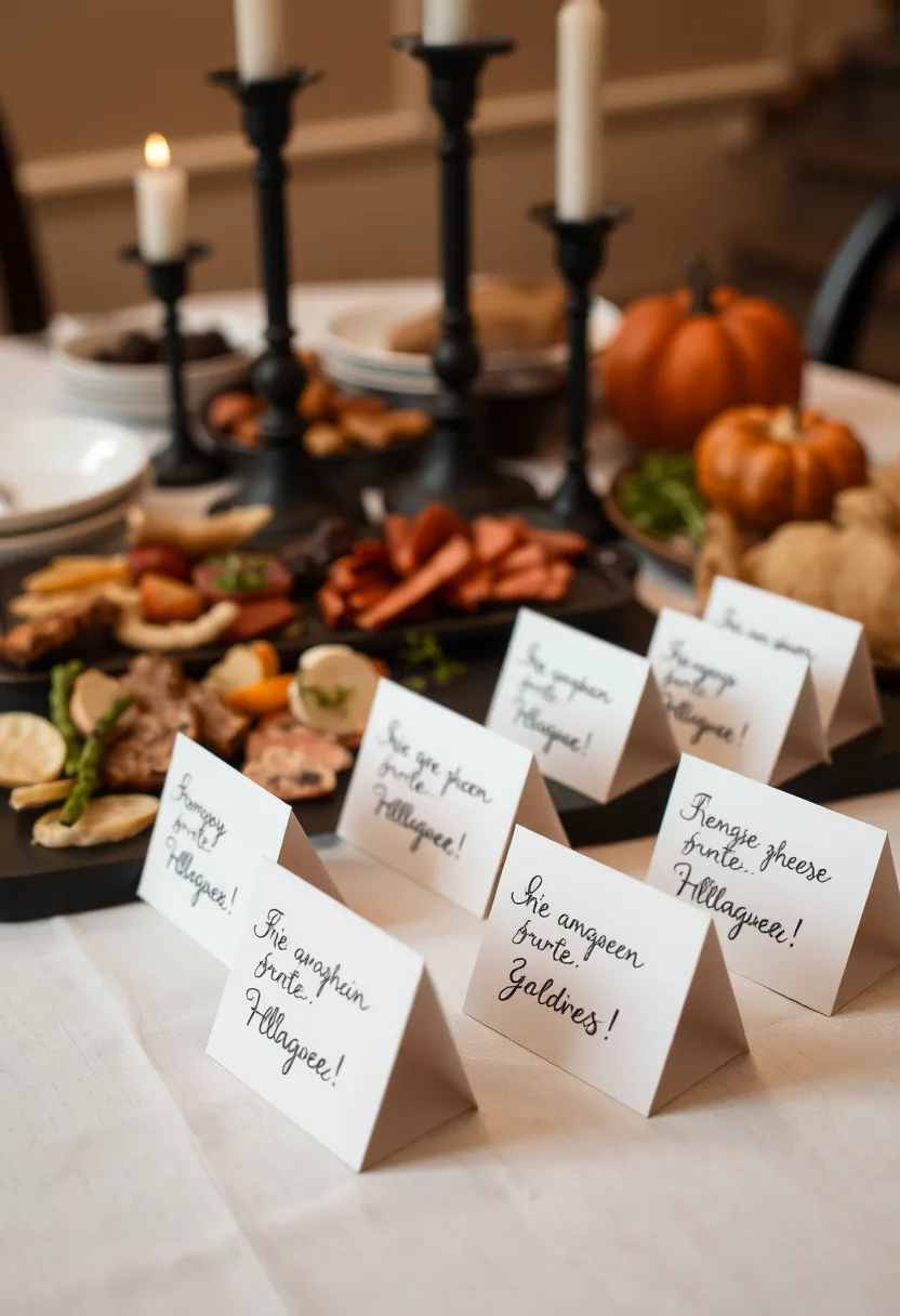 Spooky Handwritten Place Cards in Mini Coffin Stands Labeling Halloween Appetizers on a Buffet