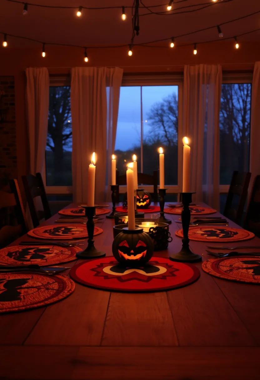 Modern Matte Black Wipe-Clean Placemats Under Halloween Dinnerware with Gold Cutlery